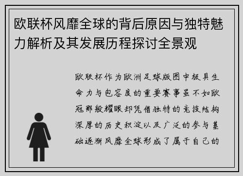 欧联杯风靡全球的背后原因与独特魅力解析及其发展历程探讨全景观